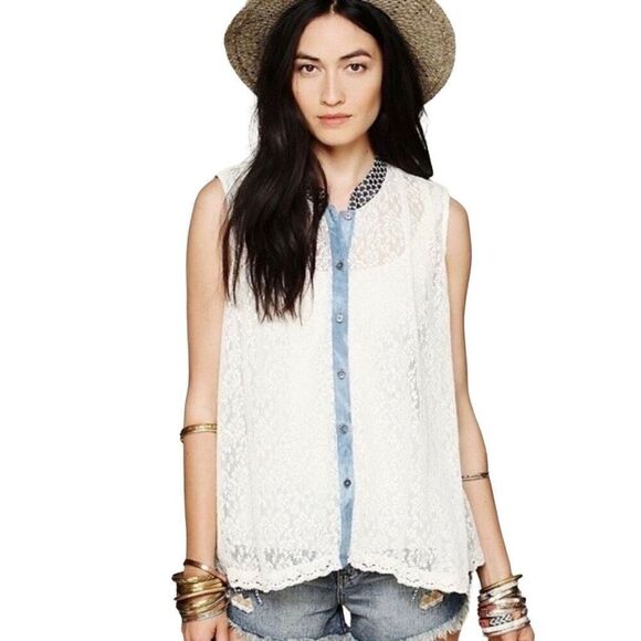 Free people Ivory Lace Button Down Sleeveless Top XS - Picture 1 of 7
